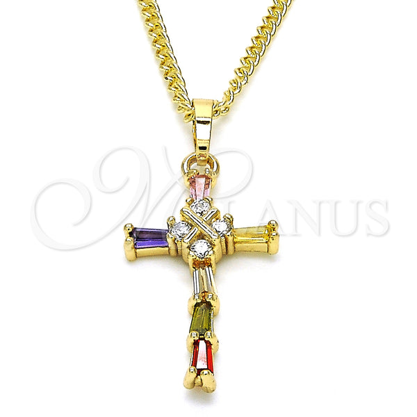 Collares con Dije 04.284.0008.3.20 Oro Laminado, Diseño de Cruz y Baguette, con Multicolor Zirconia Cubica, Pulido, Tono Dorado (02 MM Thickness, 20 Inches Length)