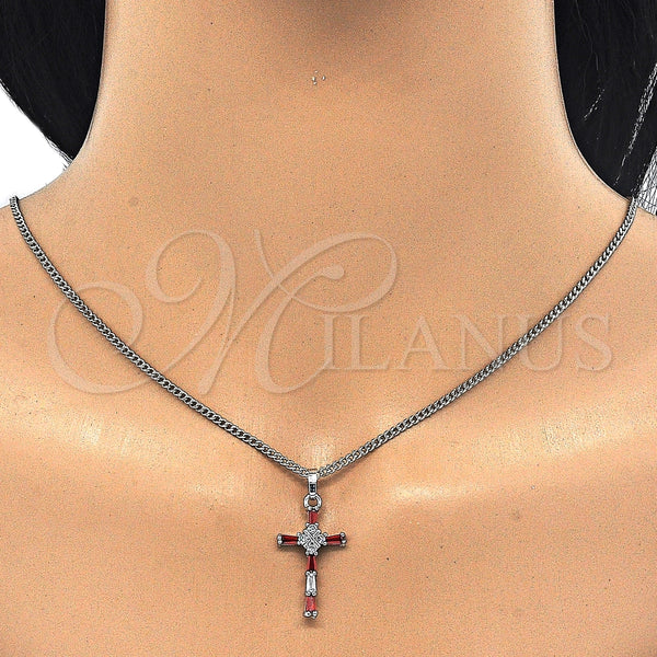 Collares con Dije 04.284.0008.5.22 Rodio Laminado, Diseño de Cruz, con Zirconia Cubica Granate y Blanca, Pulido, Rodinado (Grosor 02 MM, 22 Pulgadas de Largo)