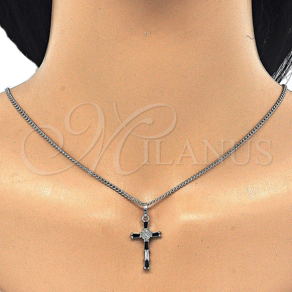 Collares con Dije 04.284.0008.6.22 Rodio Laminado, Diseño de Cruz, con Zirconia Cubica Negro y Blanca, Pulido, Rodinado (Grosor 02 MM, 22 Pulgadas de Largo)