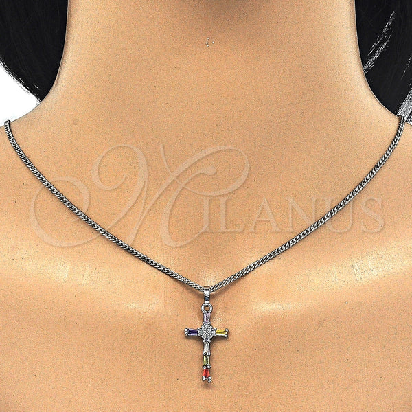 Collares con Dije 04.284.0008.7.22 Rodio Laminado, Diseño de Cruz, con Zirconia Cubica Multicolor, Pulido, Rodinado (Grosor 02 MM, 22 Pulgadas de Largo)