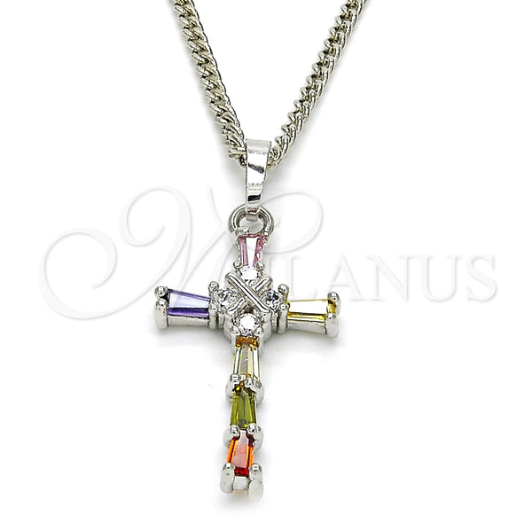 Collares con Dije 04.284.0008.7.22 Rodio Laminado, Diseño de Cruz, con Zirconia Cubica Multicolor, Pulido, Rodinado (Grosor 02 MM, 22 Pulgadas de Largo)
