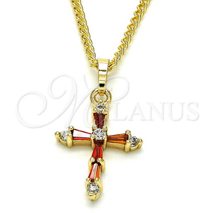 Collares con Dije 04.284.0009.1.22 Oro Laminado, Diseño de Cruz y Baguette, con Granate and Blanca Zirconia Cubica, Pulido, Tono Dorado (02 MM Thickness, 22 Inches Length)