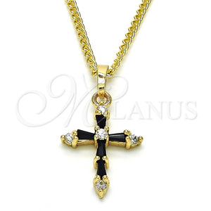 Collares con Dije 04.284.0009.2.20 Oro Laminado, Diseño de Cruz y Baguette, con Negro and Blanca Zirconia Cubica, Pulido, Tono Dorado (02 MM Thickness, 20 Inches Length)