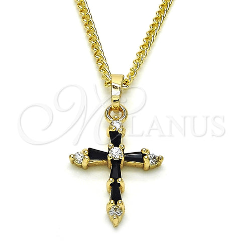 Collares con Dije 04.284.0009.2.20 Oro Laminado, Diseño de Cruz y Baguette, con Negro and Blanca Zirconia Cubica, Pulido, Tono Dorado (02 MM Thickness, 20 Inches Length)