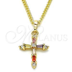 Collares con Dije 04.284.0009.3.20 Oro Laminado, Diseño de Cruz y Baguette, con Multicolor Zirconia Cubica, Pulido, Tono Dorado (02 MM Thickness, 20 Inches Length)