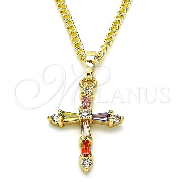 Collares con Dije 04.284.0009.3.20 Oro Laminado, Diseño de Cruz y Baguette, con Multicolor Zirconia Cubica, Pulido, Tono Dorado (02 MM Thickness, 20 Inches Length)