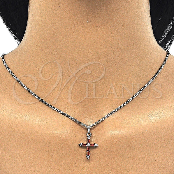 Collares con Dije 04.284.0009.5.22 Rodio Laminado, Diseño de Cruz, con Zirconia Cubica Granate y Blanca, Pulido, Rodinado (Grosor 02 MM, 22 Pulgadas de Largo)