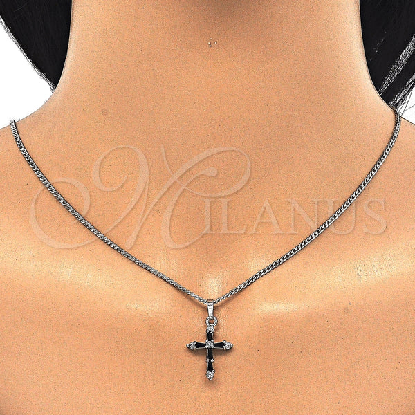 Collares con Dije 04.284.0009.6.22 Rodio Laminado, Diseño de Cruz, con Zirconia Cubica Negro y Blanca, Pulido, Rodinado (Grosor 02 MM, 22 Pulgadas de Largo)