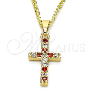 Collares con Dije 04.284.0007.1.22 Oro Laminado, Diseño de Cruz, con Granate and Blanca Zirconia Cubica, Pulido, Tono Dorado (02 MM Thickness, 22 Inches Length)