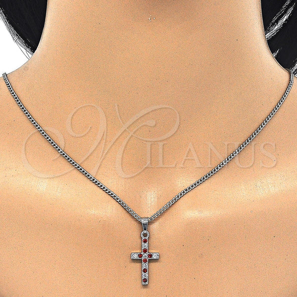 Collares con Dije 04.284.0007.5.22 Rodio Laminado, Diseño de Cruz, con Zirconia Cubica Granate y Blanca, Pulido, Rodinado (Grosor 02 MM, 22 Pulgadas de Largo)