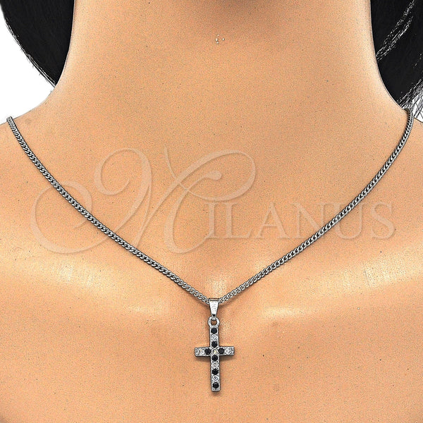 Collares con Dije 04.284.0007.6.22 Rodio Laminado, Diseño de Cruz, con Zirconia Cubica Negro y Blanca, Pulido, Rodinado (Grosor 02 MM, 22 Pulgadas de Largo)