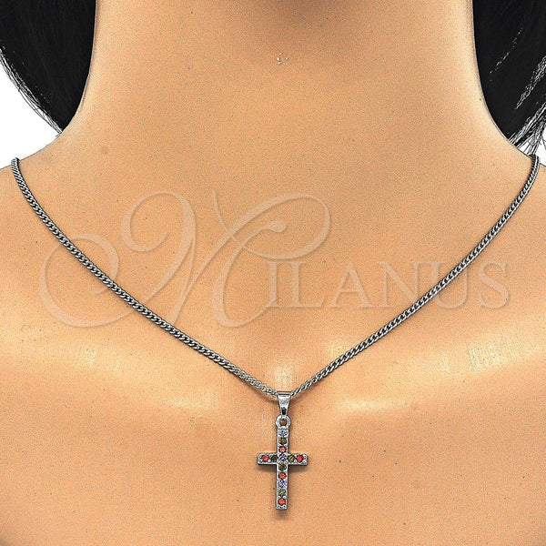 Collares con Dije 04.284.0007.7.22 Rodio Laminado, Diseño de Cruz, con Zirconia Cubica Multicolor, Pulido, Rodinado (Grosor 02 MM, 22 Pulgadas de Largo)