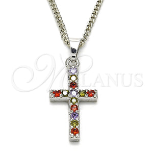 Collares con Dije 04.284.0007.7.22 Rodio Laminado, Diseño de Cruz, con Zirconia Cubica Multicolor, Pulido, Rodinado (Grosor 02 MM, 22 Pulgadas de Largo)