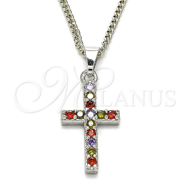 Collares con Dije 04.284.0007.7.22 Rodio Laminado, Diseño de Cruz, con Zirconia Cubica Multicolor, Pulido, Rodinado (Grosor 02 MM, 22 Pulgadas de Largo)