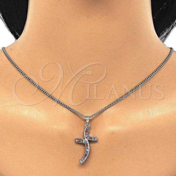 Collares con Dije 04.284.0014.7.22 Rodio Laminado, con Zirconia Cubica Multicolor, Pulido, Rodinado (Grosor 02 MM, 22 Pulgadas de Largo)