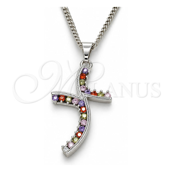 Collares con Dije 04.284.0014.7.22 Rodio Laminado, con Zirconia Cubica Multicolor, Pulido, Rodinado (Grosor 02 MM, 22 Pulgadas de Largo)