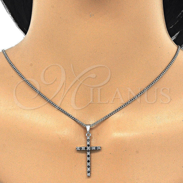Collares con Dije 04.284.0013.6.22 Rodio Laminado, Diseño de Cruz, con Zirconia Cubica Negro y Cristal Blanca, Pulido, Rodinado (Grosor 02 MM, 22 Pulgadas de Largo)