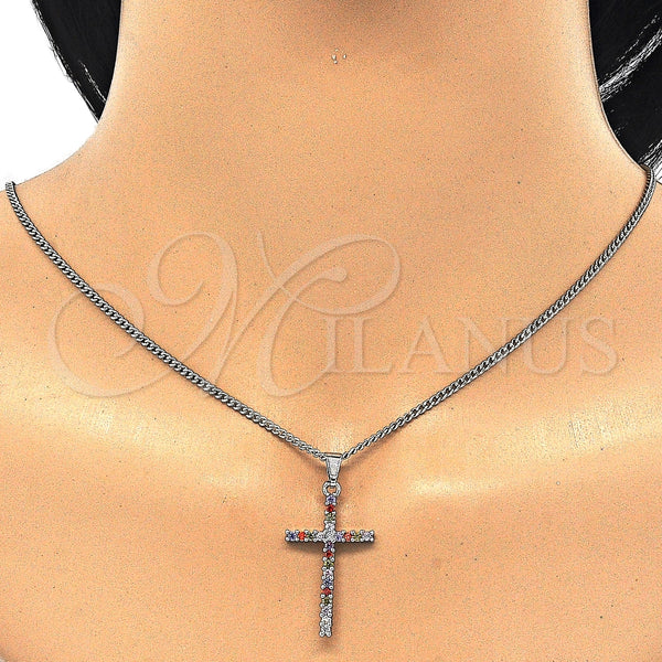 Collares con Dije 04.284.0013.7.22 Rodio Laminado, Diseño de Cruz, con Zirconia Cubica Multicolor, Pulido, Rodinado (Grosor 02 MM, 22 Pulgadas de Largo)