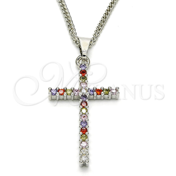 Collares con Dije 04.284.0013.7.22 Rodio Laminado, Diseño de Cruz, con Zirconia Cubica Multicolor, Pulido, Rodinado (Grosor 02 MM, 22 Pulgadas de Largo)