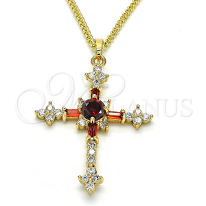 Collares con Dije 04.284.0011.1.22 Oro Laminado, Diseño de Cruz y Baguette, con Granate and Blanca Zirconia Cubica, Pulido, Tono Dorado (02 MM Thickness, 22 Inches Length)