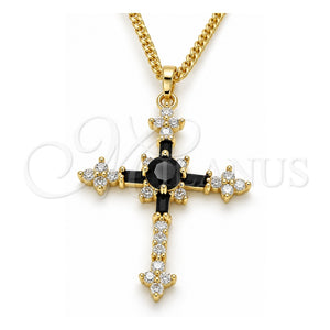 Collares con Dije 04.284.0011.2.22 Oro Laminado, Diseño de Cruz y Baguette, con Zirconia Cubica Negro y Blanca, Pulido, Tono Dorado (Grosor 02 MM, 22 Pulgadas de Largo)