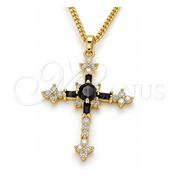 Collares con Dije 04.284.0011.2.22 Oro Laminado, Diseño de Cruz y Baguette, con Zirconia Cubica Negro y Blanca, Pulido, Tono Dorado (Grosor 02 MM, 22 Pulgadas de Largo)