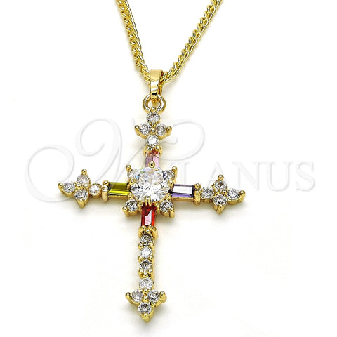 Collares con Dije 04.284.0011.3.20 Oro Laminado, Diseño de Cruz y Baguette, con Multicolor Zirconia Cubica, Pulido, Tono Dorado (02 MM Thickness, 20 Inches Length)