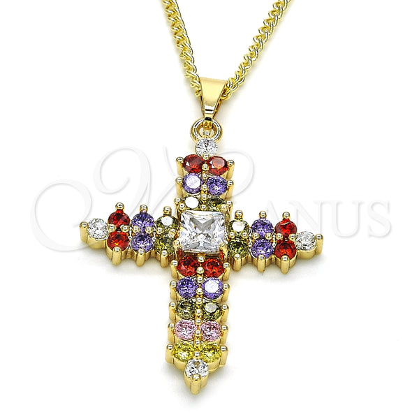 Collares con Dije 04.284.0012.3.20 Oro Laminado, Diseño de Cruz, con Multicolor Zirconia Cubica, Pulido, Tono Dorado (02 MM Thickness, 20 Inches Length)