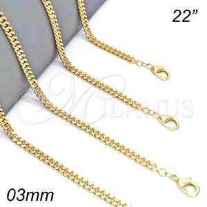 Gargantilla Basica 04.213.0095.22 Oro Laminado, Diseño de Miami Cubana, Pulido, Tono Dorado (Grosor 02.8 MM, 22 Pulgadas de Largo)