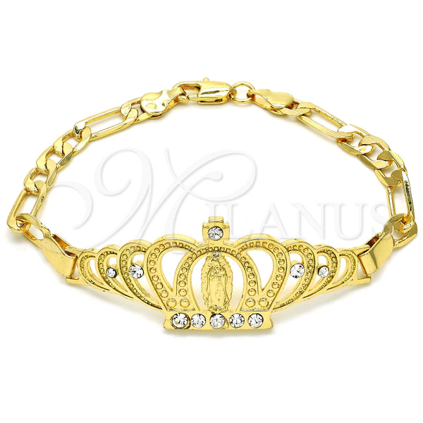 Pulsera Elegante 03.253.0029.07 Oro Laminado, Diseño de Corona y Guadalupe, con Blanca Cristal, Pulido, Tono Dorado (05 MM Thickness, 7 Inches Length)