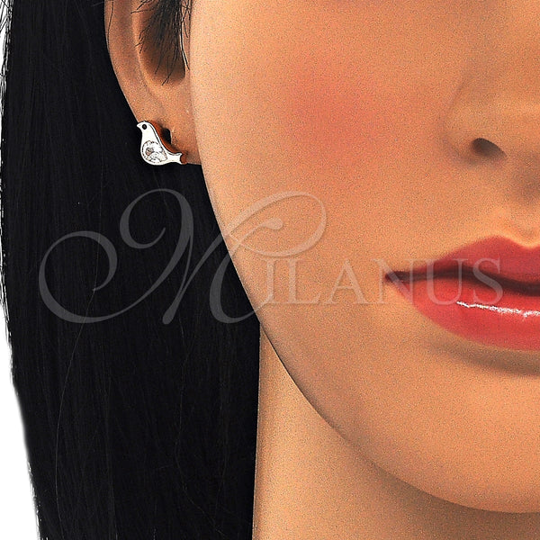 Arete Dormilona 02.336.0021.1 Plata Rodinada, Diseño de Pajaro, con Zirconia Cubica Blanca y Negro, Pulido, Tono Rosado