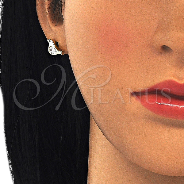 Arete Dormilona 02.336.0021.2 Plata Rodinada, Diseño de Pajaro, con Zirconia Cubica Blanca y Negro, Pulido, Tono Dorado