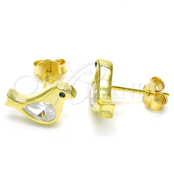 Arete Dormilona 02.336.0021.2 Plata Rodinada, Diseño de Pajaro, con Zirconia Cubica Blanca y Negro, Pulido, Tono Dorado