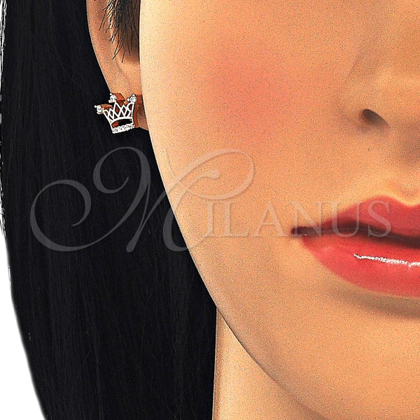 Arete Dormilona 02.336.0079.1 Plata Rodinada, Diseño de Corona, con Zirconia Cubica Blanca y Cristal Blanca, Pulido, Tono Rosado
