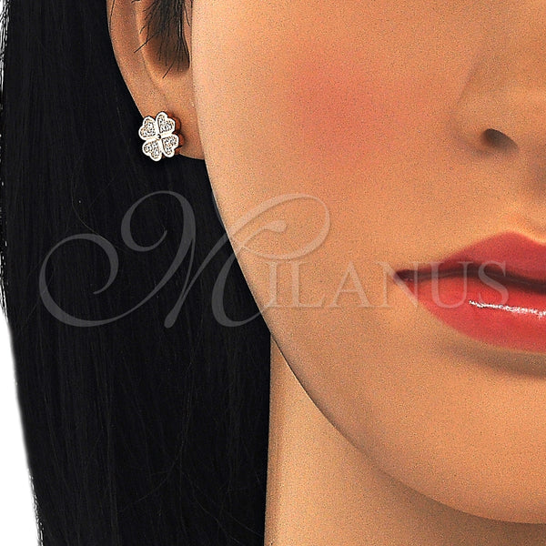Arete Dormilona 02.336.0096.1 Plata Rodinada, Diseño de Trébol de Cuatro Hojas, con Micro Pave Blanca, Pulido, Tono Rosado
