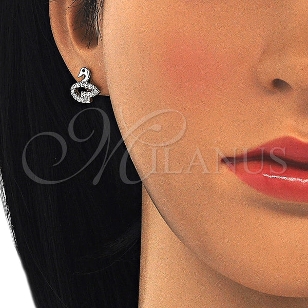 Arete Dormilona 02.336.0098 Plata Rodinada, Diseño de Cisne, con Zirconia Cubica Negro y Cristal Blanca, Pulido, Rodinado