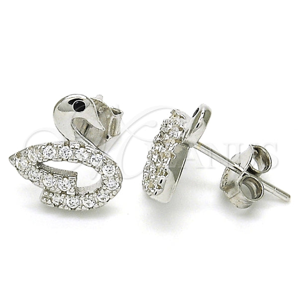 Arete Dormilona 02.336.0098 Plata Rodinada, Diseño de Cisne, con Zirconia Cubica Negro y Cristal Blanca, Pulido, Rodinado