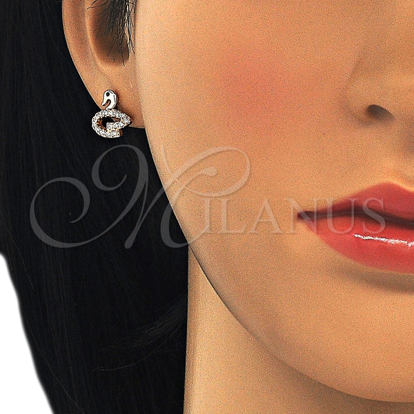 Arete Dormilona 02.336.0098.1 Plata Rodinada, Diseño de Cisne, con Zirconia Cubica Negro y Cristal Blanca, Pulido, Tono Rosado