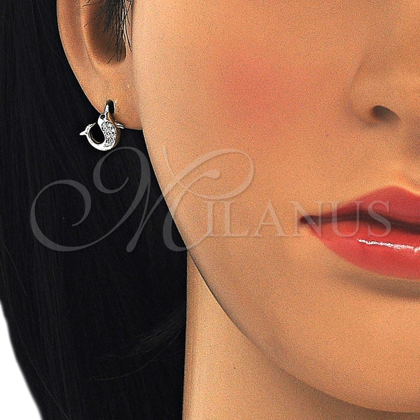 Arete Dormilona 02.336.0099 Plata Rodinada, Diseño de Delfín, con Micro Pave Negro y Blanca, Pulido, Rodinado