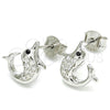 Arete Dormilona 02.336.0099 Plata Rodinada, Diseño de Delfín, con Micro Pave Negro y Blanca, Pulido, Rodinado