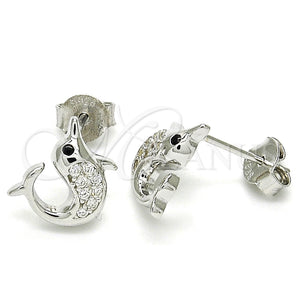 Arete Dormilona 02.336.0099 Plata Rodinada, Diseño de Delfín, con Micro Pave Negro y Blanca, Pulido, Rodinado
