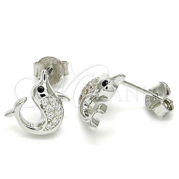 Arete Dormilona 02.336.0099 Plata Rodinada, Diseño de Delfín, con Micro Pave Negro y Blanca, Pulido, Rodinado
