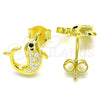 Arete Dormilona 02.336.0099.2 Plata Rodinada, Diseño de Delfín, con Micro Pave Blanca y Negro, Pulido, Tono Dorado