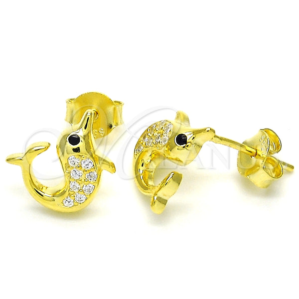 Arete Dormilona 02.336.0099.2 Plata Rodinada, Diseño de Delfín, con Micro Pave Blanca y Negro, Pulido, Tono Dorado