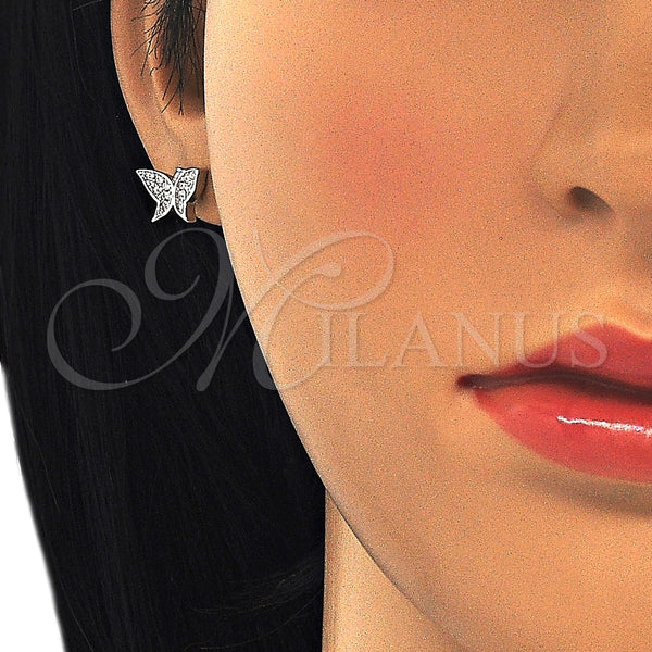 Arete Dormilona 02.336.0101 Plata Rodinada, Diseño de Mariposa, con Micro Pave Blanca, Pulido, Rodinado