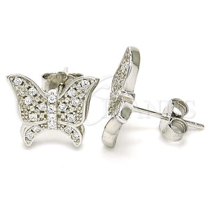 Arete Dormilona 02.336.0102 Plata Rodinada, Diseño de Mariposa, con Micro Pave Blanca, Pulido, Rodinado