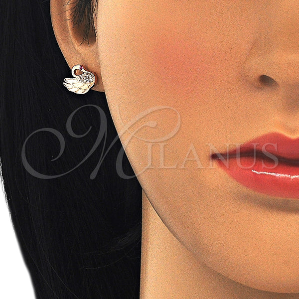 Arete Dormilona 02.336.0105.1 Plata Rodinada, Diseño de Cisne, con Micro Pave Rubi y Blanca, Pulido, Tono Rosado