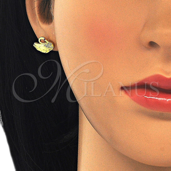Arete Dormilona 02.336.0105.2 Plata Rodinada, Diseño de Cisne, con Micro Pave Rubi y Blanca, Pulido, Tono Dorado