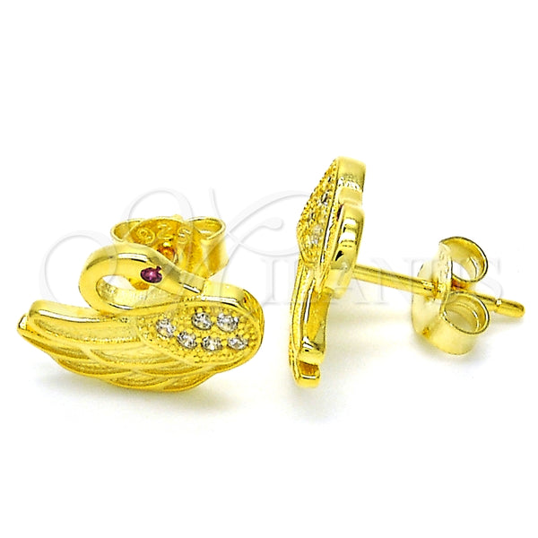Arete Dormilona 02.336.0105.2 Plata Rodinada, Diseño de Cisne, con Micro Pave Rubi y Blanca, Pulido, Tono Dorado
