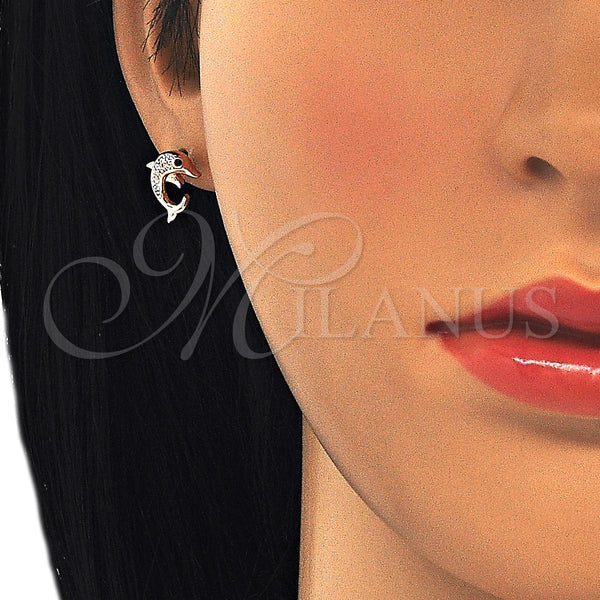 Arete Dormilona 02.336.0082.1 Plata Rodinada, Diseño de Delfín, con Zirconia Cubica Negro y Blanca, Pulido, Tono Rosado
